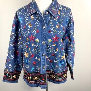 Denim Embroidered Flowers Jean Shirt Jacket Womens Size 1X  Button Up Multicolor